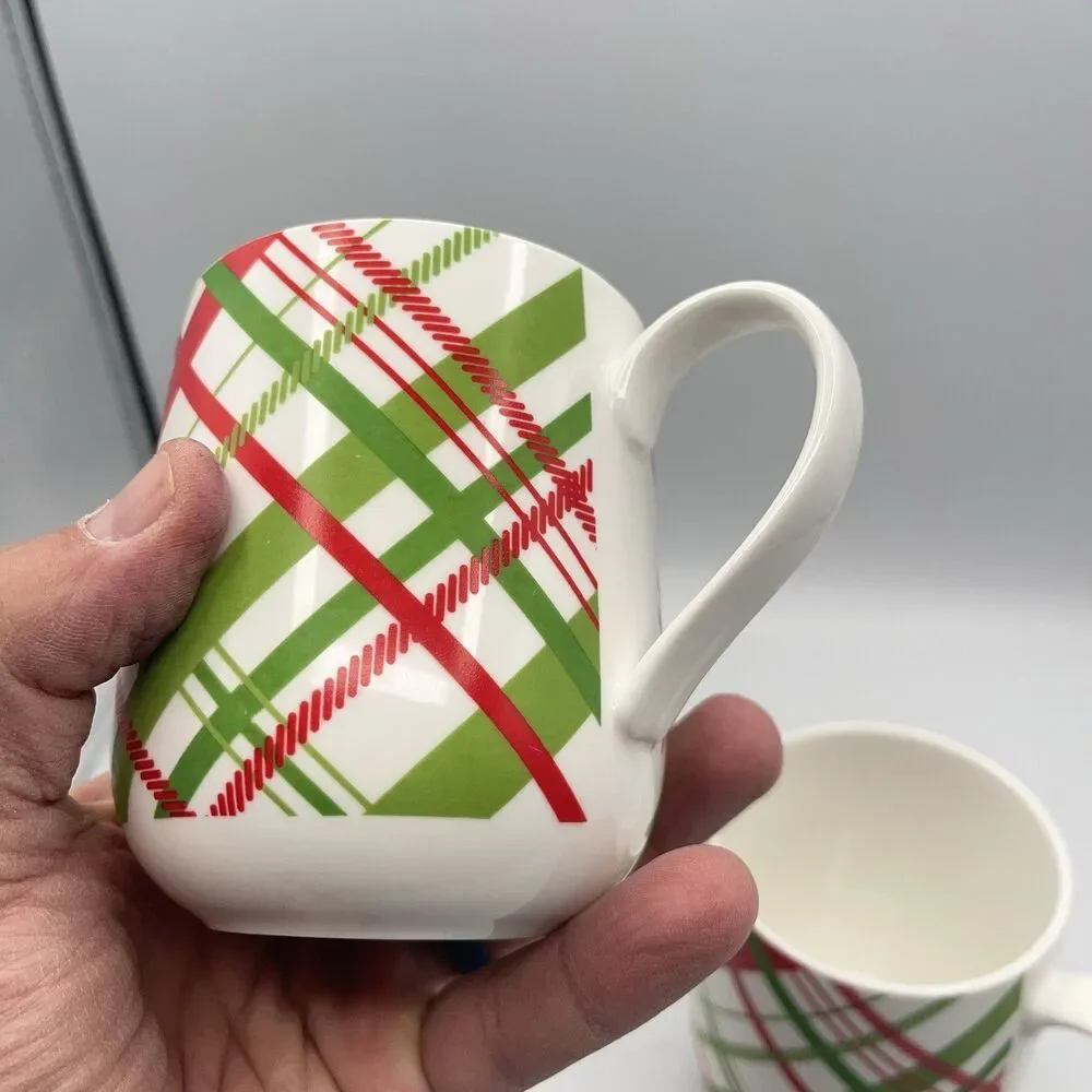 Crate & Barrel Red & Green Plaid Christmas Holiday Cups Mugs ~ Set of 2